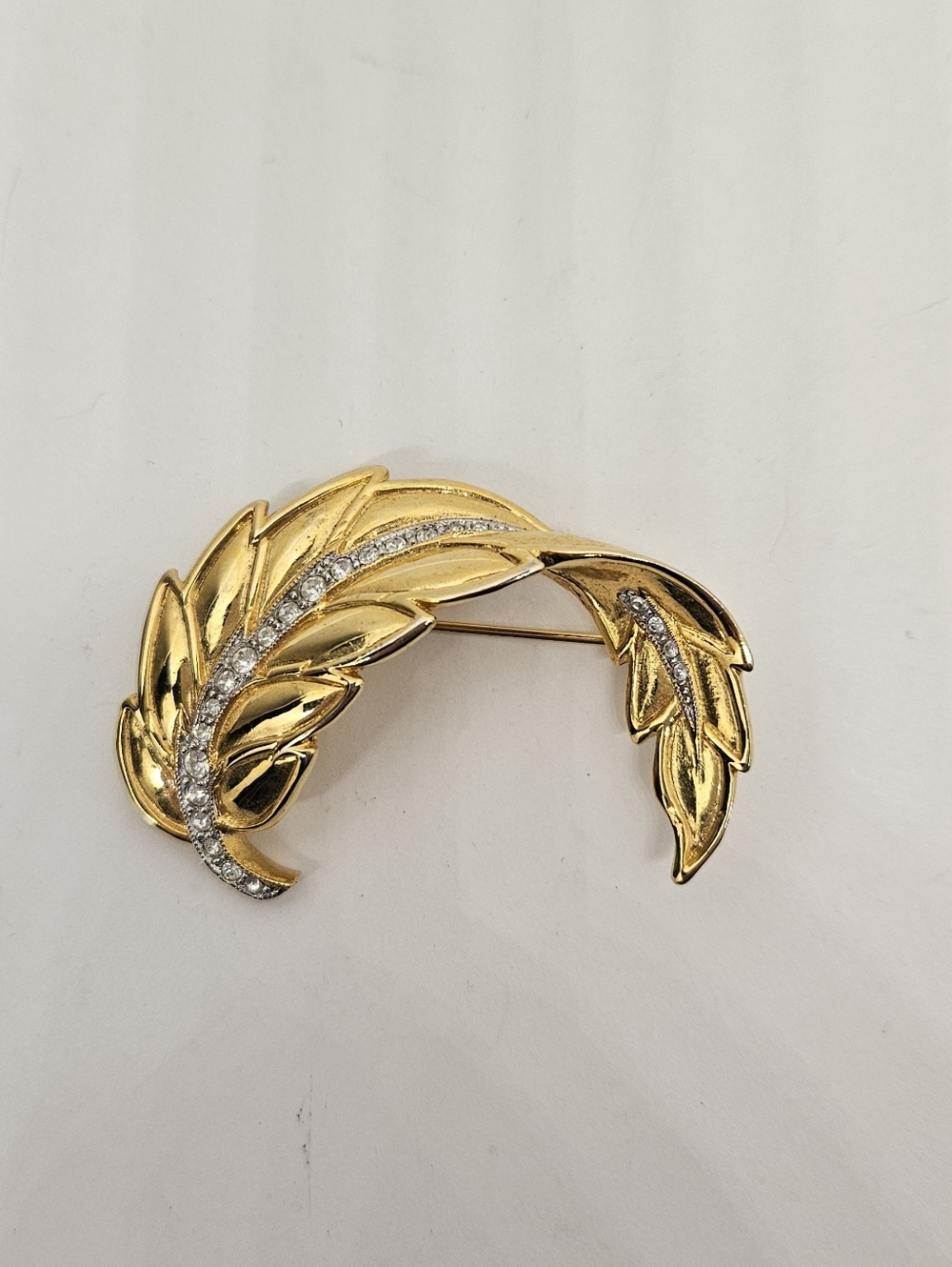 Leaf Feather Brooch Pin Gold Tone Vintage Art Nouveau Rhinestones Crystals Fall